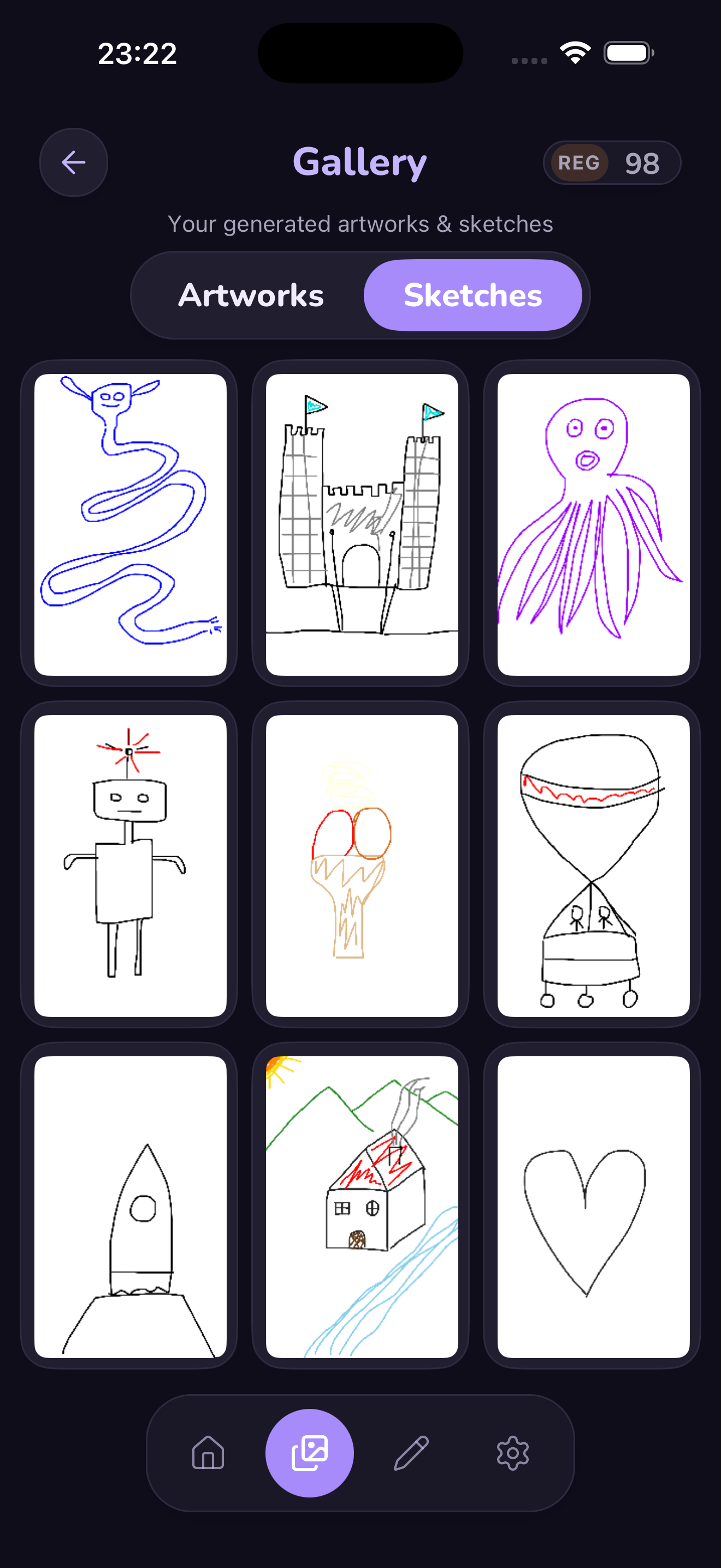 Gallery showing Sketches tab in dark mode
