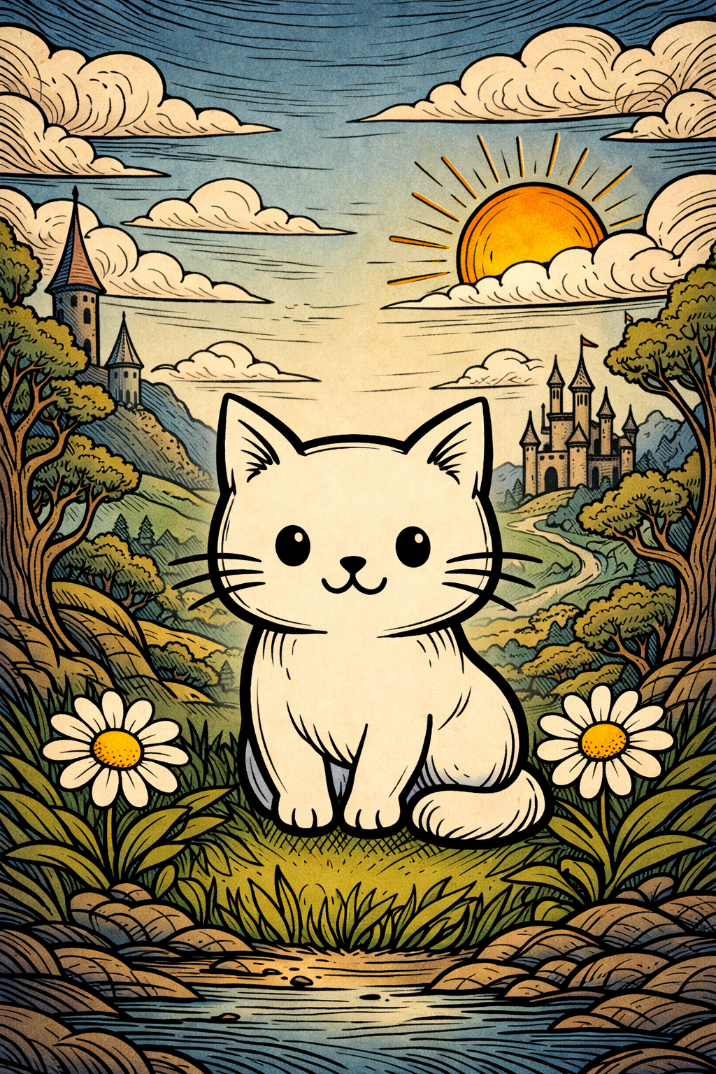 The cat sketch transformed into a finished artwork by Artacadabra